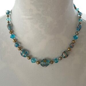 Vintage Aqua Blue Glass Beaded Necklace with Gold Tone Accents
